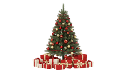 Christmas tree with red and white presents isolated on a transparent background gifts