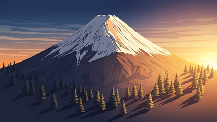 Snowcapped Mountain Landscape at Sunset with Trees.