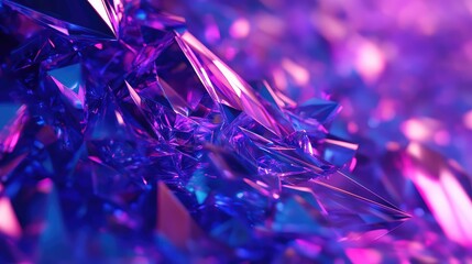 Abstract background surface featuring sharp crystal forms and geometric facets reflecting vivid purple and blue light, offering a dynamic and modern visual texture