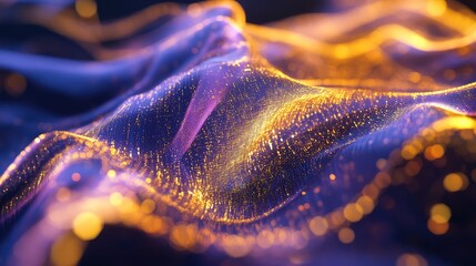 Abstract digital waves forming intricate patterns across a dark background, showcasing glowing golden particles representing interconnected data, energy flow, and advanced technology