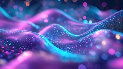 Abstract waves flowing across the frame, glowing with shimmering pink and blue particles and bokeh lights, creating a modern futuristic background texture with a sense of digital energy