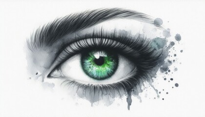 Watercolor illustration of green human eye with detailed lashes and splatter effect, concept of vision, beauty, art and emotion