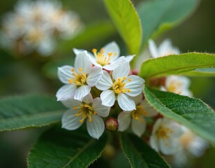 White blueberry flowers bloom on a green bush in soft sunlight. Delicate petals and yellow stamens are visible. Buds hint at future fruit growth.
