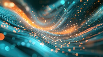 Abstract technology background showing glowing lines and sparkling particles that form dynamic data streams and network connections, evoking high speed digital communication and transfer