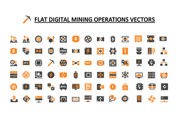 flat digital mining operations vectors icons set