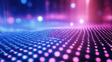 Abstract digital wave of glowing data points connecting in a grid pattern, creating a futuristic technology background with vibrant blue and pink neon light gradients and bokeh effects