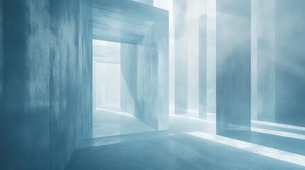 Abstract blue architectural space presenting a futuristic structure with multiple geometric forms and pathways, creating a modern and clean background through light and shadows