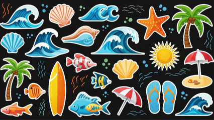 Modern Retro Halftone Ocean Beach Sticker Elements Set on Black Background