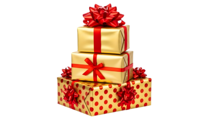 Stack of gold gifts with red ribbons and bows isolated on a transparent background