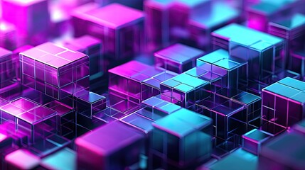 Abstract glowing blocks creating a vibrant, interconnected network, representing concepts of digital data, technology, and futuristic virtual reality with iridescent colors