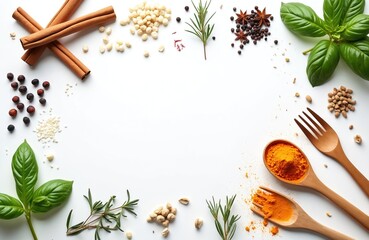 Top view of spices with wooden cutlery on white. Cinnamon basil turmeric rosemary pepper and star anise are framing empty space. Food blogging culinary concept for recipe website.