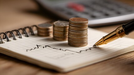 A pen traces a fluctuating line on a notepad next to stacks of coins, symbolizing financial markets and investment opportunities closely.