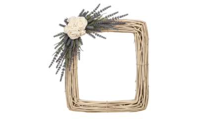 Isolated rustic square wreath with roses and lavender for rustic decor and design use