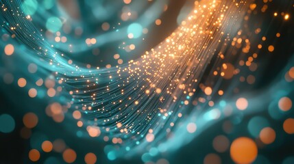 Abstract glowing optical fiber lines creating a wave like pattern, representing high speed data transmission, complex digital networks, global connectivity, and future technology with energy flow