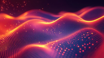 Digital wavy landscape presenting flowing network data particles creating a dynamic abstract technology background, illustrating concepts of connectivity, big data, and energetic movement