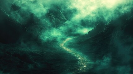 Dark green turbulent ocean with heavy mist and a bright, winding, shimmering path leading forward, offering guidance and hope through an unknown, challenging environment