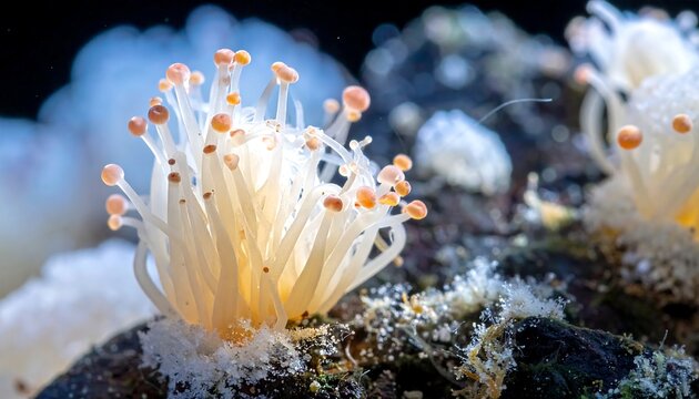 Close-up view of clustered enoki mushrooms on a log, focusing on their thin stems and small caps