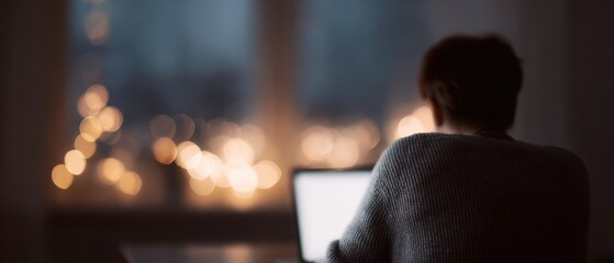 entrepreneur working alone at night with holiday lights, persistence and focus theme