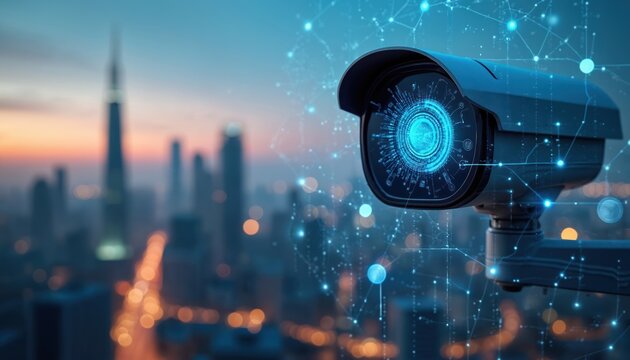 Close up view shows tech security camera on cityscape background. Surveillance camera monitors skyline. It records digital data and ensures remote protection of urban property through network.
