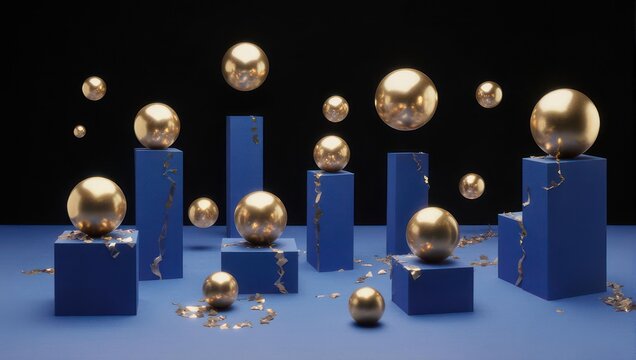 Golden Spheres on Blue Pedestals - A Modern Abstract Composition.