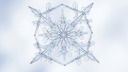 Obraz premium Stunning macro view reveals the perfect geometric symmetry of a brilliant, intricate ice crystal snowflake