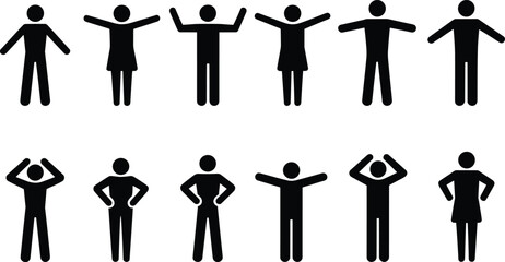 Collection of Stick Figure Poses with Arms Raised and Hands on Hips on White Background silhouette person