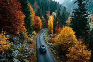 Driving through a scenic autumn landscape with vibrant colors and winding roads surrounded by tall trees and rocky formations in the mountains