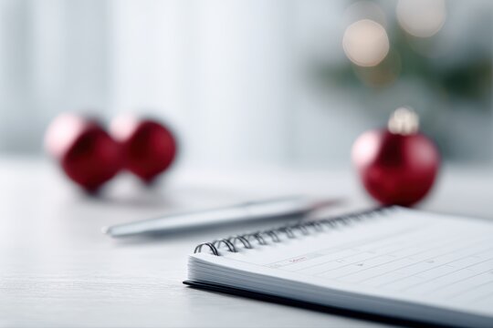 year end planning desk with calendar, documents, and subtle christmas decorations, business reflection concept