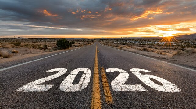 The year 2026 painted on desert road stretches towards a vibrant sunset, symbolizing future goals, aspirations, and the path ahead for change.
