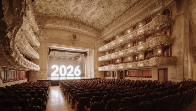 Grand Theater Interior with Year 2026 Projection on Stage.