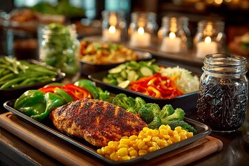 Sizzling grilled chicken served with a vibrant vegetable medley and rustic drinks in a cozy, candlelit dining setting during a delightful evening gathering