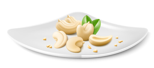 Cashew on a white porcelain plate. Whole and half cashew isolated on white background. Peeled nuts. Cashew kernels are ripe and tasty, a source of protein. 3d vector illustration.