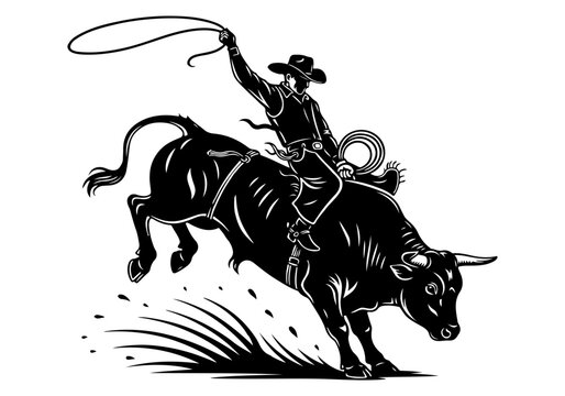 A black and white illustration of a cowboy riding a bucking bull with a lasso in the air.