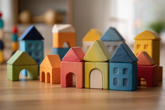 Colorful wooden building blocks in the shape of houses with smooth textures and viintimate apparelnt painted surfaces for children's play and educational activities