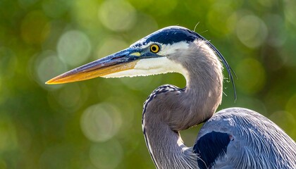 Close-up of a blue heron's head and neck against a bokeh green backdrop, focusing on its sharp beak and piercing eye