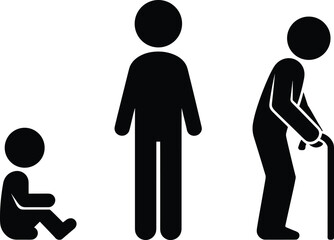 Human life cycle stages from baby to elderly person with cane icon child