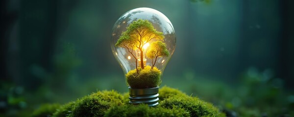 Light bulb with green trees, moss on forest floor. Bulb contains small trees, plants. Sunlight shines through glass. Eco friendly energy concept. Sustainable future idea. Green forest background.