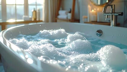 Close-up of a bubbly bath, with a faucet in a serene and sunlit bathroom, creating a calming and relaxing scene