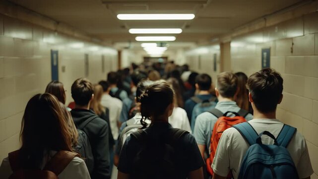 Crowded School Hallway, Frenzied Students Move Through Crowded Corridor