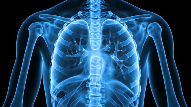Blue medical x-ray illustration of human ribcage and lungs