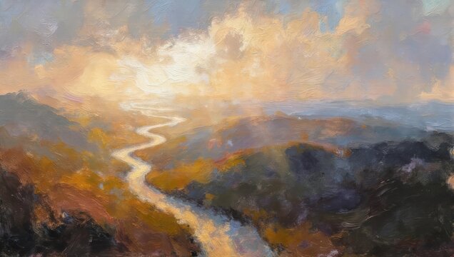 Golden River Valley - A Serene Landscape Painting with Winding River.