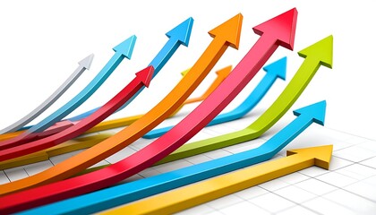 Colorful 3D arrows pointing upwards at varying angles on a grid against a white background suggesting growth