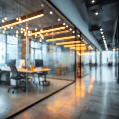 Fototapeta premium Blurred modern office interior with glass walls, warm lighting, and a contemporary hallway