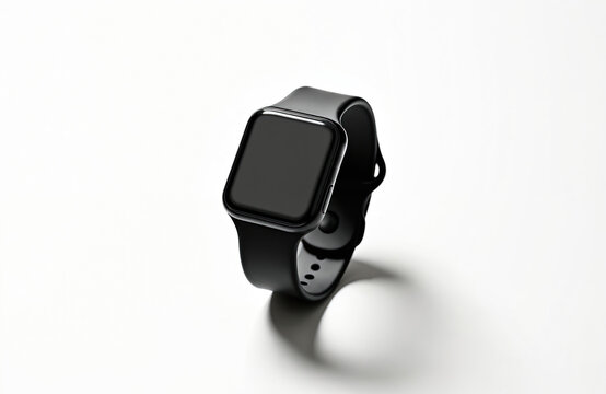 Modern black smartwatch with blank screen rests on white surface. Digital wearable device features sleek design, touch interface for apps, mobility. Perfect gadget for tech enthusiasts, fitness - Powered by Adobe