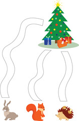 christmas tree, squirrel, rabbit, squirrel and gift box on white background