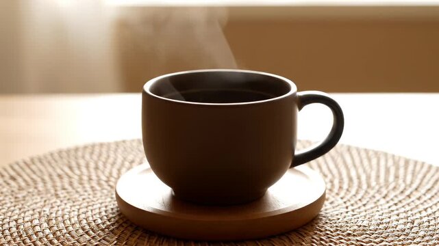 Steaming cup of hot coffee sitting on a woven mat and saucer