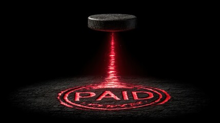 Red Stamp with PAID inscription glowing on dark background.