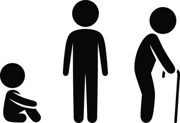Silhouettes of a child, adult, and elderly person on white background baby woman