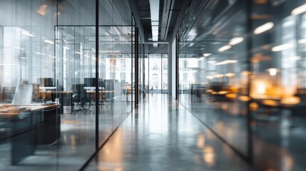 Modern office hallway with glass partitions and workstations