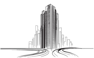 abstract line sketch high-rise building on white background
